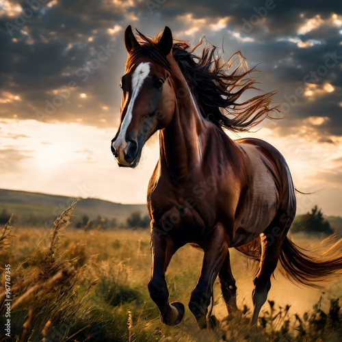 A powerful horse gallops freely across a field, bathed in the warm glow of a golden sunset. The flowing mane and dynamic movement capture the essence of freedom and natural beauty in this stunning