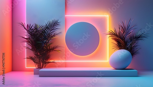 Minimalist geometric shapes in a vibrant neon room creating a stunning 3D wallpaper visualization with soft wall lamp illumination photo