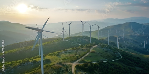 Aerial view of powerful Wind turbine farm for energy production on beautiful cloudy sky at highland Wind power turbines generating clean renewable energy for sustainable development light background