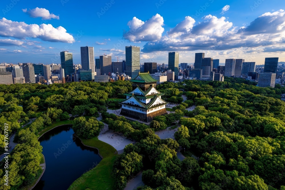 Fototapeta premium Osaka Castle standing tall, nestled among modern skyscrapers, blending history and contemporary architecture in the heart of the city