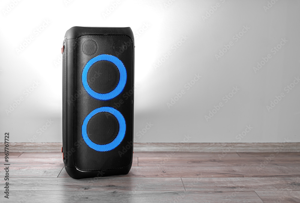 Large wireless speaker in home interior.