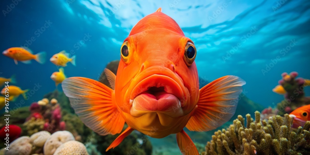 A vibrant orange fish with bold, red, puckered lips appears to be kissing the camera lens, surrounded by A vibrant orange fish with bold, red, puckered lips appears to be kissing the camera lens, surrounded by