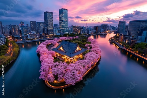 Osaka cityscape during cherry blossom season, as the trees bloom pink near Osaka Castle, adding a natural beauty to the urban landscape