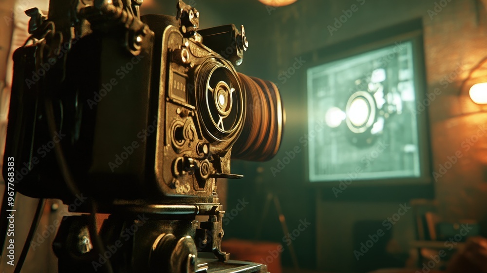 Fototapeta premium A classic film projector casts moving images onto a wall, with the reels spinning, evoking the charm of vintage cinema.