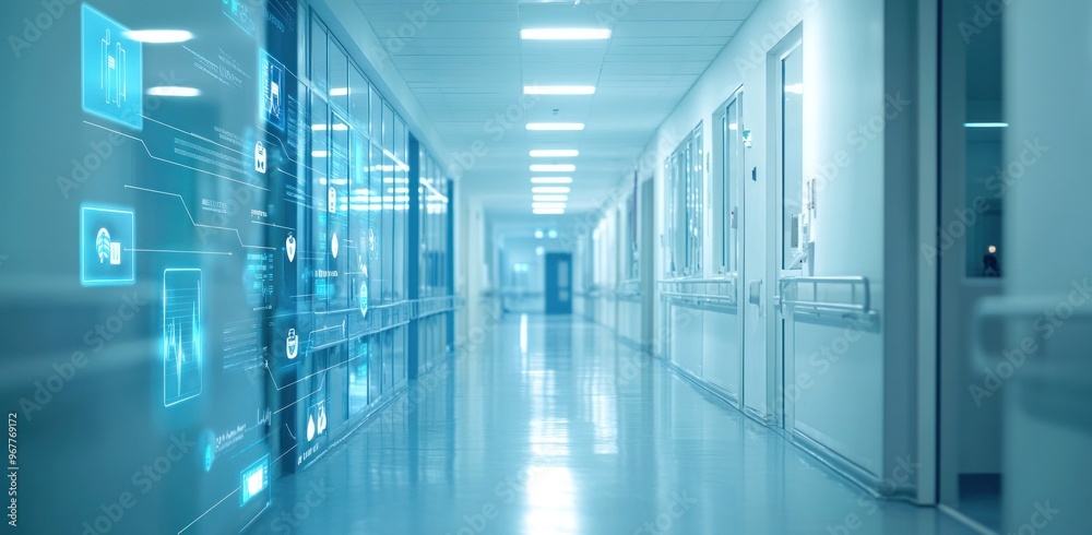 Hospital Corridor with Futuristic Digital Interface Hospital Corridor with Futuristic Digital Interface