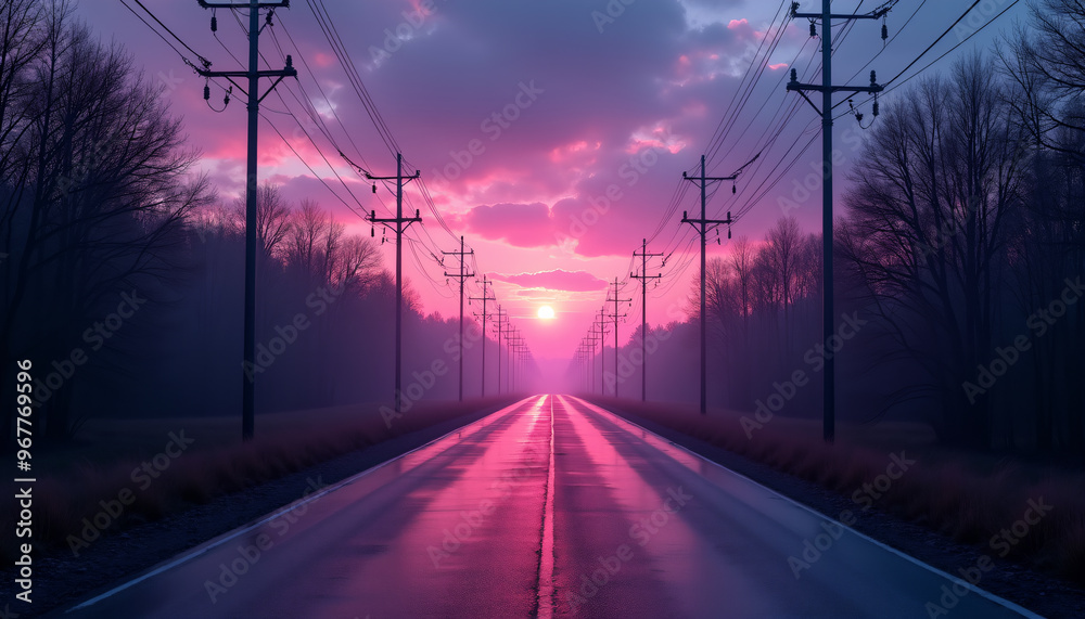 Road to Horizon Beneath Pink Sunset with Power Lines Road to Horizon Beneath Pink Sunset with Power Lines