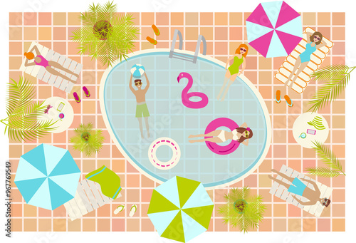 Tropical swimming pool illustration with young women and men dressed in the swimsuits