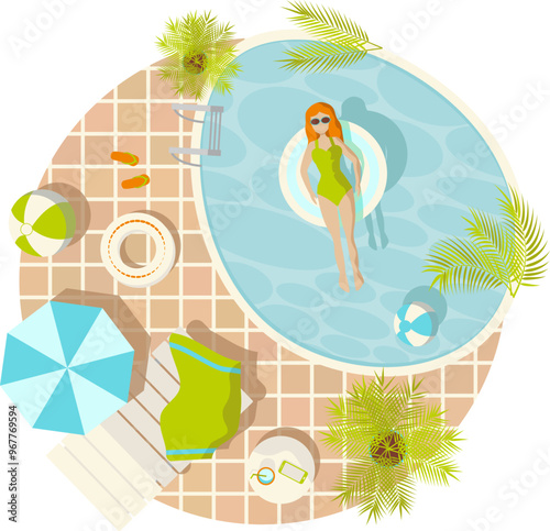 Summer vacation round illustration with a girl in a swimming pool dressed in green bikini and sunglasses vector