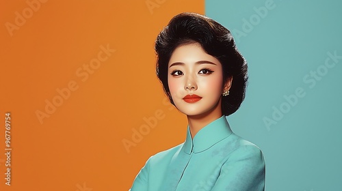 Vintage portrait of a woman in an orange dress on teal background photo