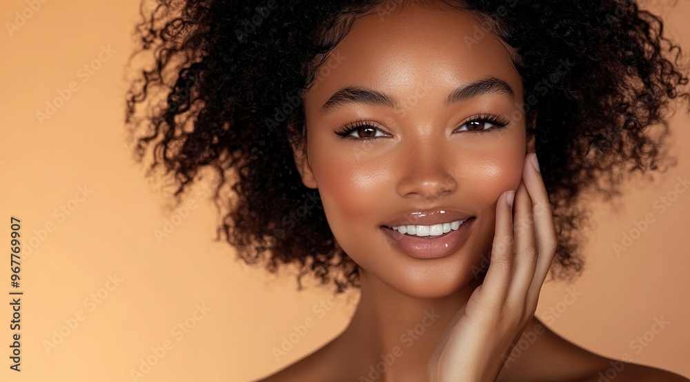 A skincare commercial model with beautiful hair posing for the camera, against a beige background A skincare commercial model with beautiful hair posing for the camera, against a beige background