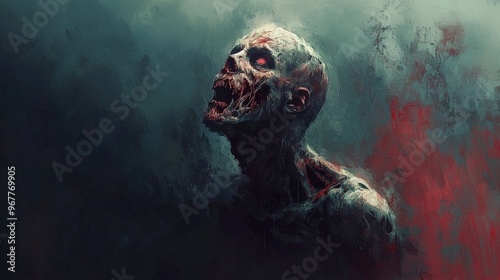 An artistic representation of a zombie character, blending realistic textures with fantasy elements photo