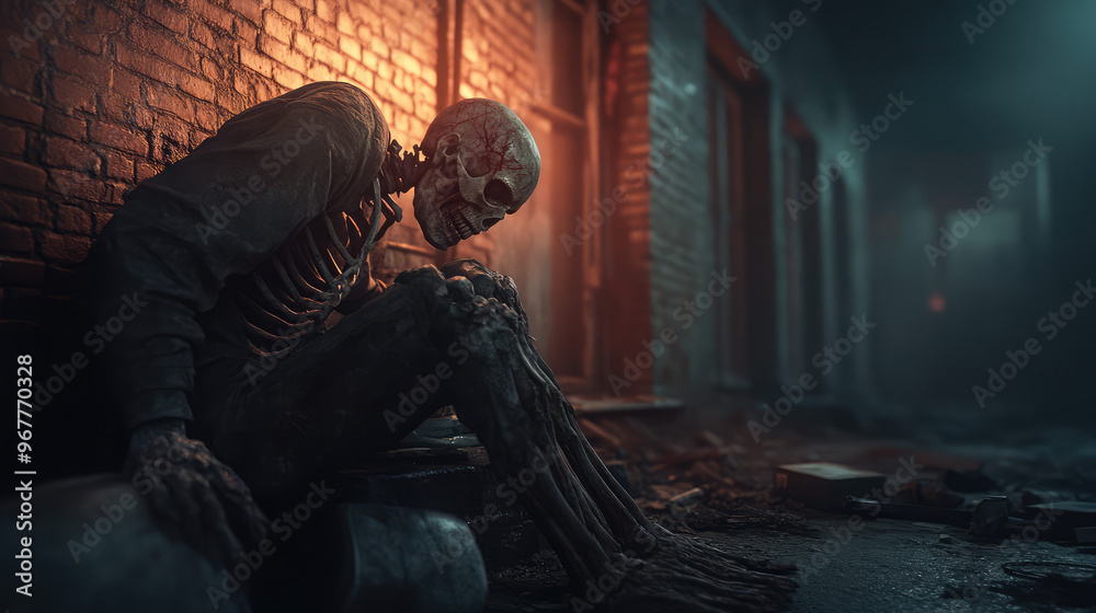 A terrifying infected figure hunched over in a dark corner of an abandoned building, its skeletal body twitching and glowing faintly with viral energy. A terrifying infected figure hunched over in a dark corner of an abandoned building, its skeletal body twitching and glowing faintly with viral energy.