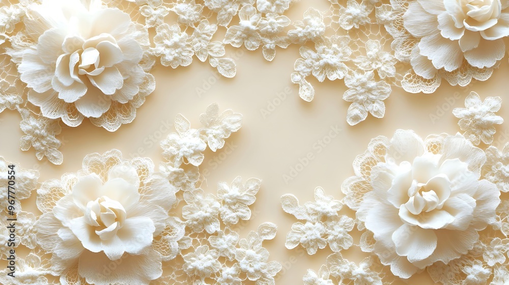 White Floral Lace Pattern on Beige Background.