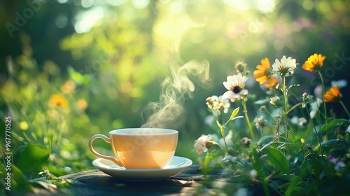 A cup of herbal tea steaming in a peaceful garden, surrounded by blooming flowers and greenery.