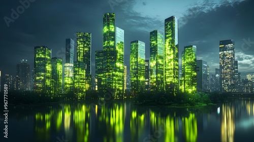 Futuristic algae-powered city with glowing bioreactors integrated into urban landscapes