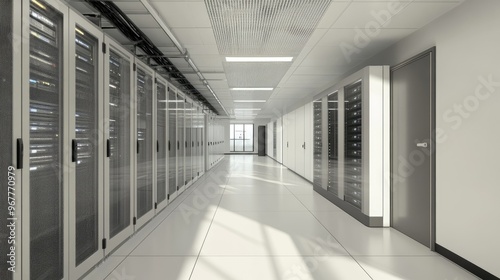 A data center interior with sophisticated cooling systems and perfectly managed cables, emphasizing efficiency and order.