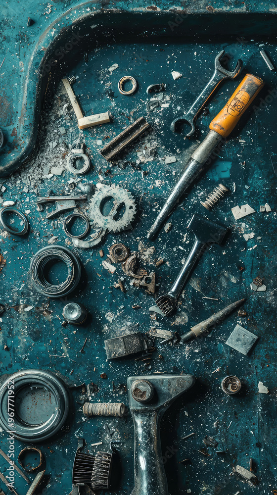 Tools and parts scattered around broken sink create chaotic yet intriguing scene. mix of metal and wood elements evokes sense of repair and craftsmanship Tools and parts scattered around broken sink create chaotic yet intriguing scene. mix of metal and wood elements evokes sense of repair and craftsmanship