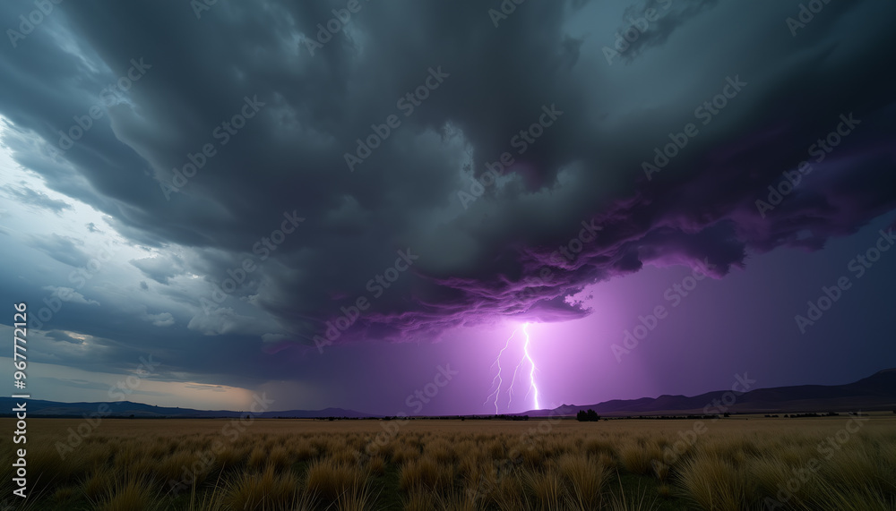 Fototapeta premium Purple Lightning Strike Over Open Desert During Thunderstorm