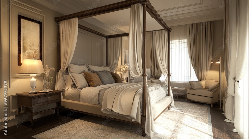 A luxury master bedroom with a canopy bed, plush linens, and a serene color palette A luxury master bedroom with a canopy bed, plush linens, and a serene color palette