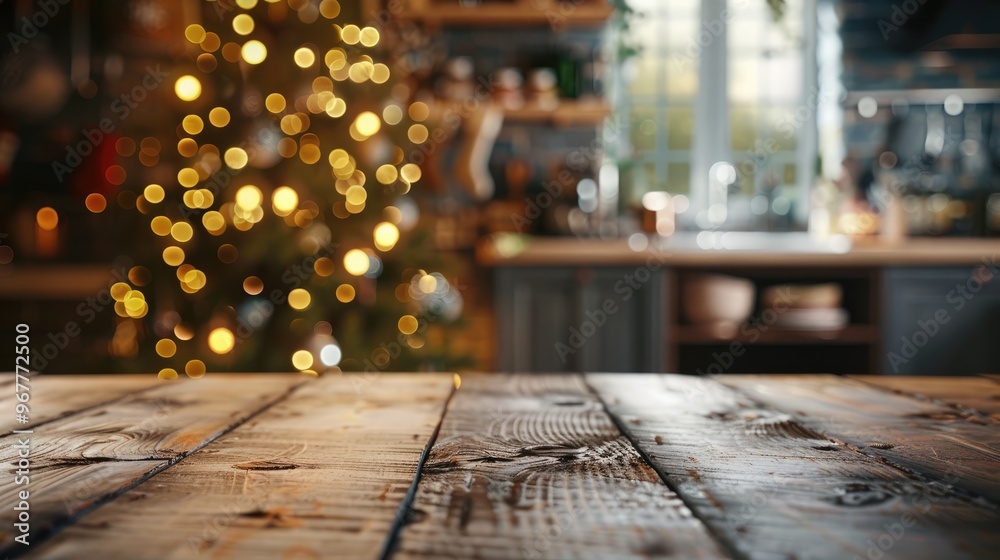 Christmas tree in background of blurred kitchen with wooden table and dishes Christmas tree in background of blurred kitchen with wooden table and dishes