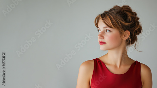 French woman wearing red silk dress isolated on gray background