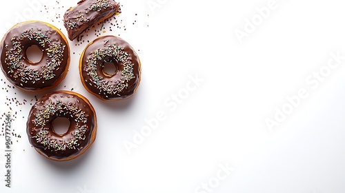 Four chocolate-glazed donuts with sprinkles on a white background photo