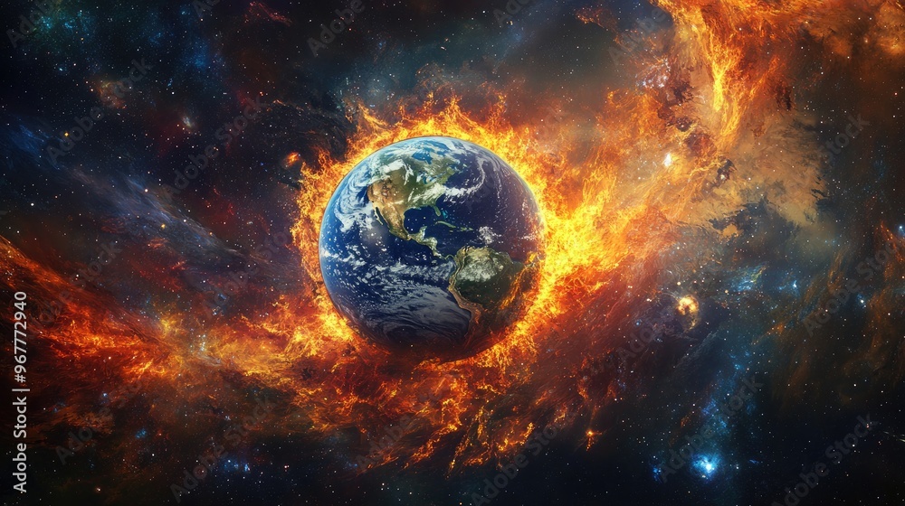 The Earth surrounded by cosmic flames, burning amidst swirling galaxies in the depths of space. The Earth surrounded by cosmic flames, burning amidst swirling galaxies in the depths of space.