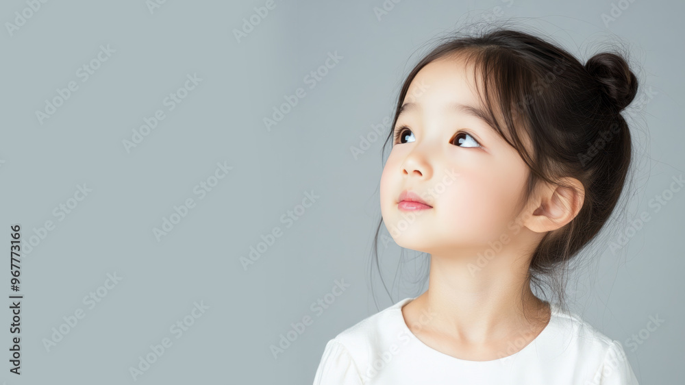 Side view of Korean little girl wearing white dress isolated on gray