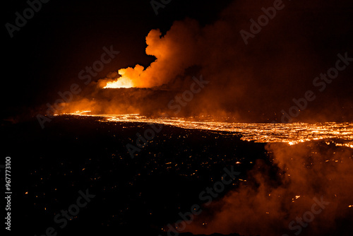 night volcanic eruption in Iceland