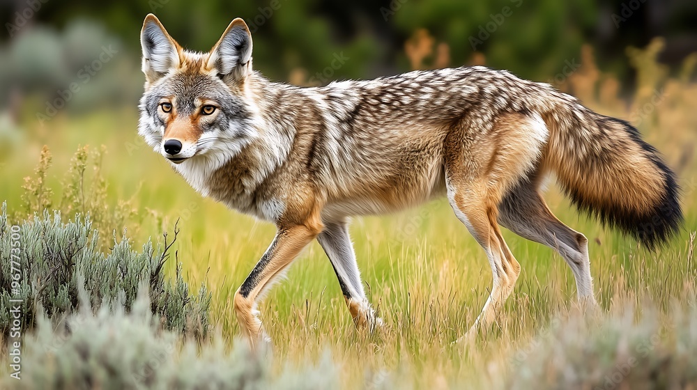 Coyote walking cautiously through tall grass in a natural habitat Coyote walking cautiously through tall grass in a natural habitat