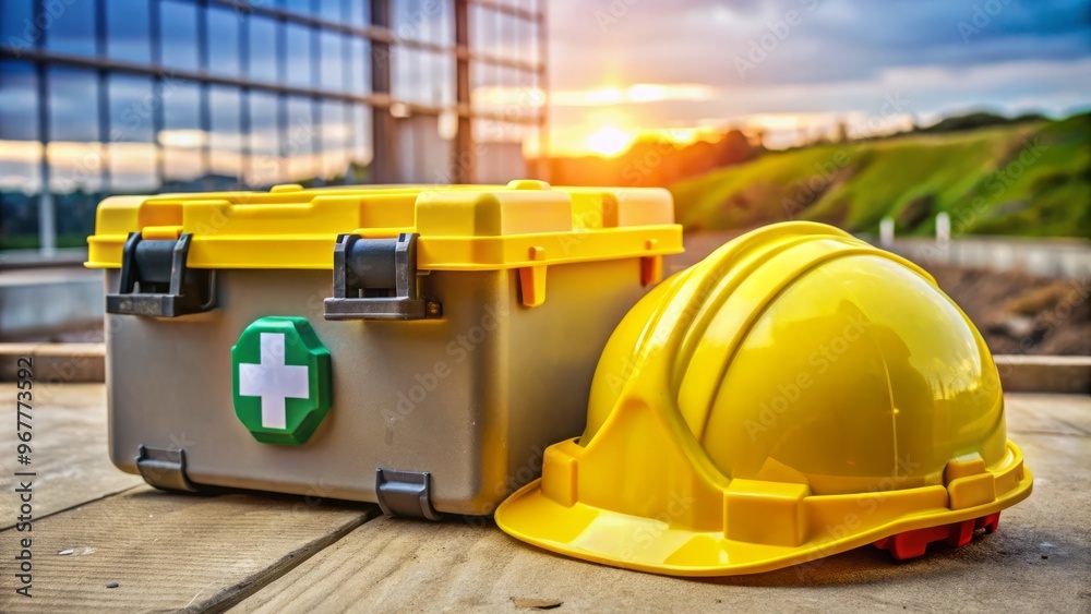 A yellow hard hat and safety vest lie next to a first aid kit and toolbox on a A yellow hard hat and safety vest lie next to a first aid kit and toolbox on a