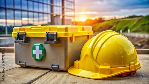 A yellow hard hat and safety vest lie next to a first aid kit and toolbox on a