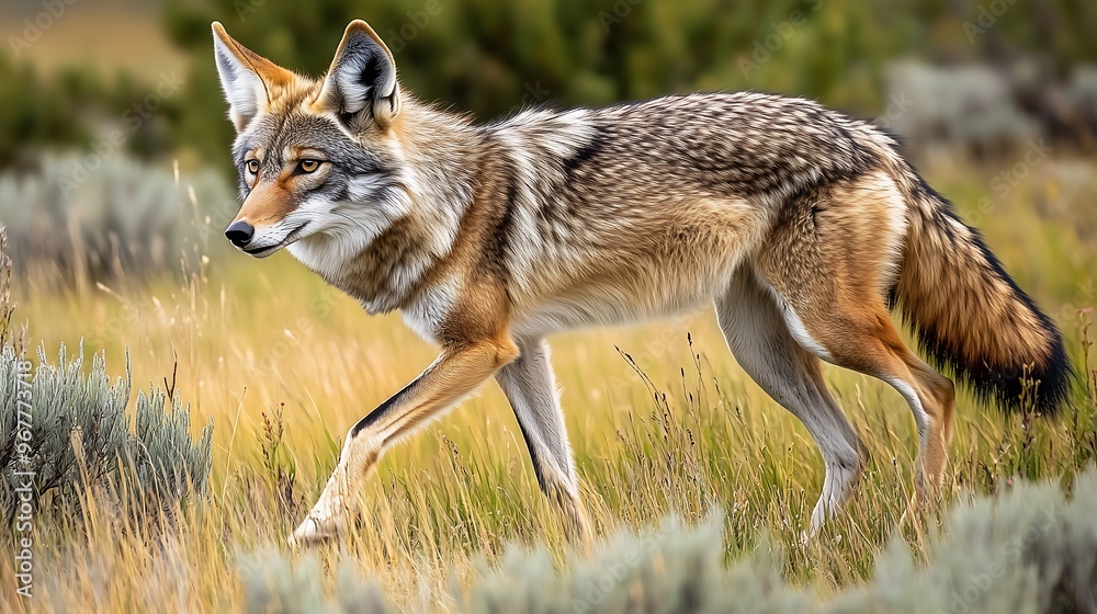 Coyote walking cautiously through tall grass in a natural habitat Coyote walking cautiously through tall grass in a natural habitat