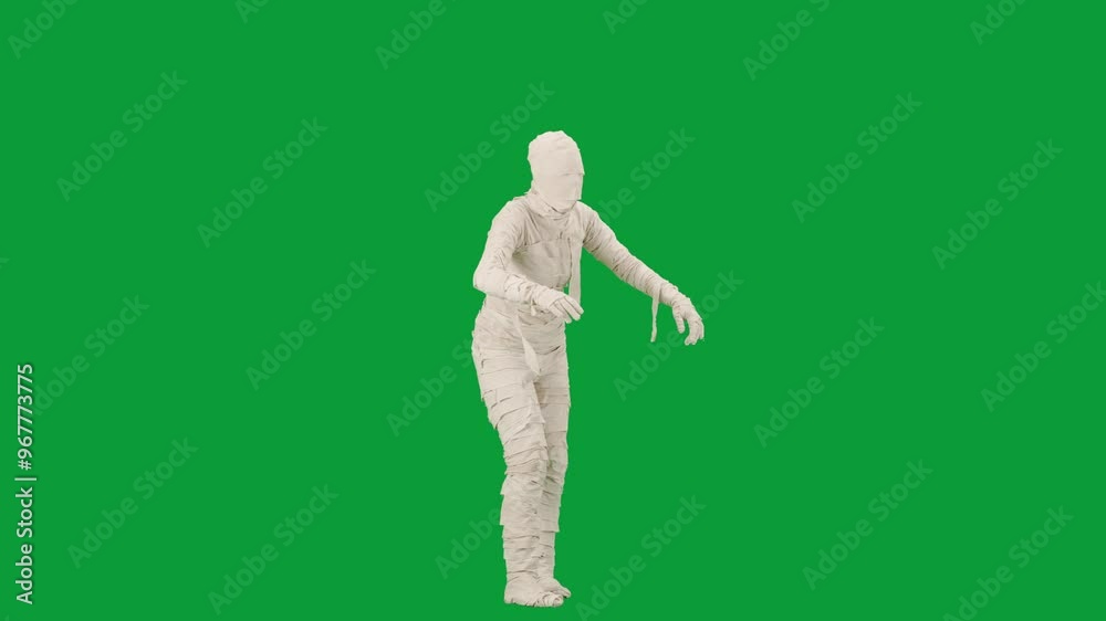 Portrait of person in a mummy bandage on chroma key green screen background. Mummy covered in white cloth ribbons walking with hands up. Portrait of person in a mummy bandage on chroma key green screen background. Mummy covered in white cloth ribbons walking with hands up.