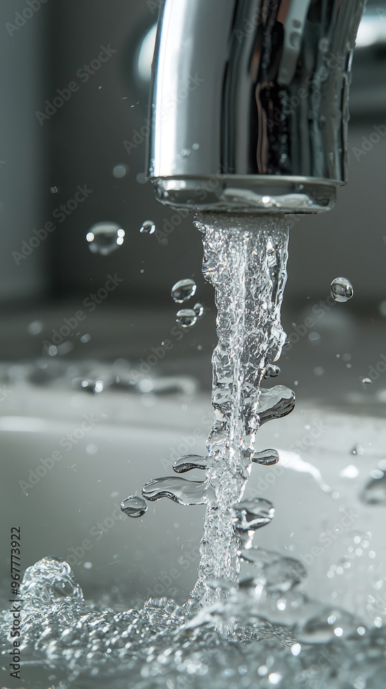 Water is flowing from shiny faucet, creating splashes and bubbles in sink below. scene captures beauty of liquid movement and clarity of water droplets Water is flowing from shiny faucet, creating splashes and bubbles in sink below. scene captures beauty of liquid movement and clarity of water droplets