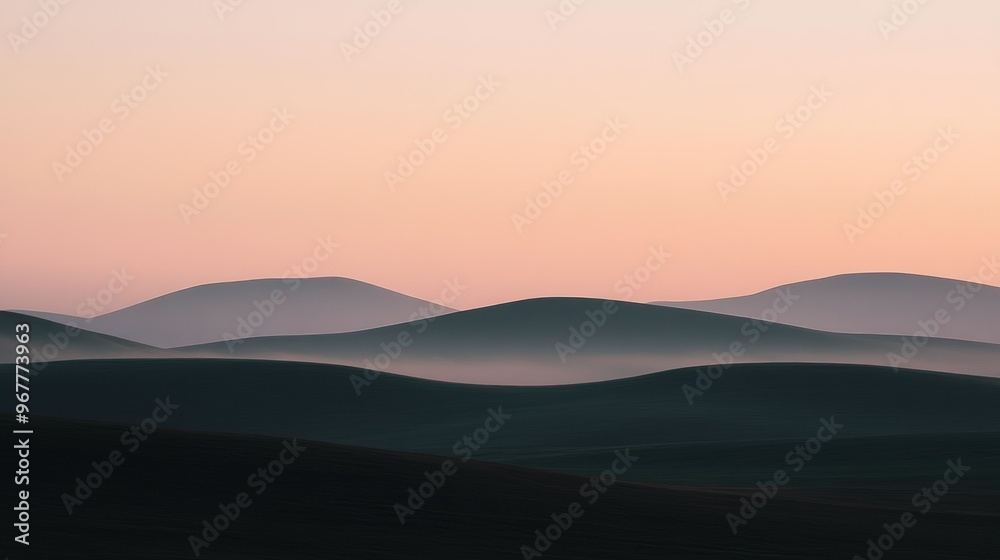 Serene undulating hills at dawn, showcasing soft colors and tranquil atmosphere. Serene undulating hills at dawn, showcasing soft colors and tranquil atmosphere.