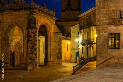 Historic center of Lugo at night with medieval buildings, a World Heritage Site.