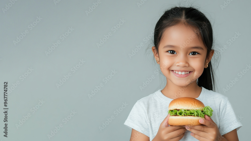Indonesian little girl smile holding hamburger fast food for student lunch Indonesian little girl smile holding hamburger fast food for student lunch