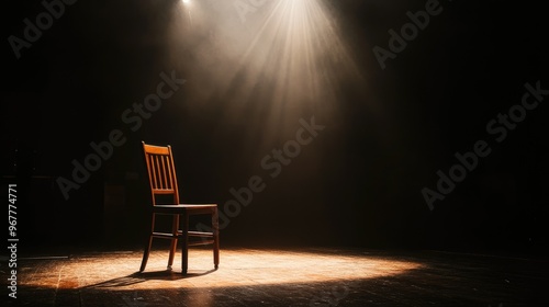 A lone chair bathed in the glow of a single spotlight on an empty stage, evoking a sense of solitude and drama.