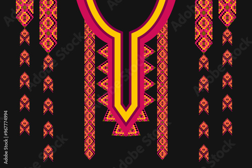 Geometric neckline design. pixel art, ethnic pattern, traditional style. decorated with repeated small shape. decoration, background, textile, fabric, clothing, ornament, embroidery.