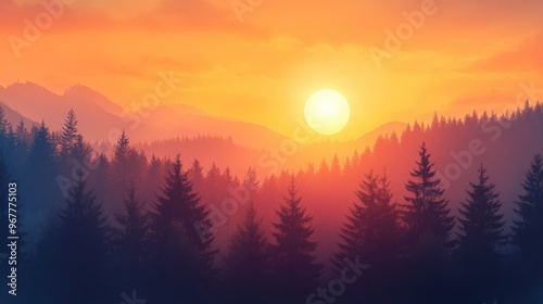 The sun rising behind a distant forest, casting a warm, orange glow across the scene.