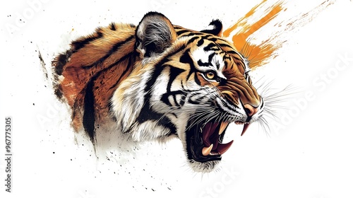 Ferocious tiger roaring with an artistic brushstroke effect photo