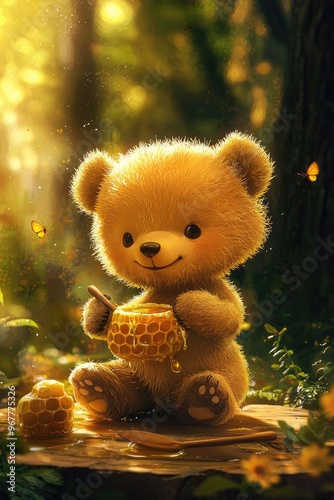 cartoon bear eats honey. Selective focus