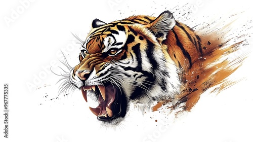 Ferocious tiger roaring with an artistic brushstroke effect photo