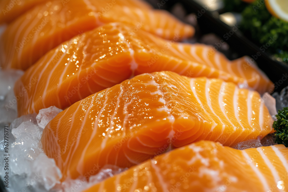 Close-up of Fresh Salmon Slices. Fresh salmon slices displayed on ice, ideal for sushi restaurants or food blogs. Great for promoting seafood dishes. Close-up of Fresh Salmon Slices. Fresh salmon slices displayed on ice, ideal for sushi restaurants or food blogs. Great for promoting seafood dishes.