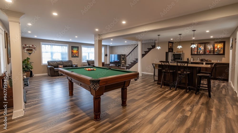custom made wallpaper toronto digitalA modern basement with a pool table, a bar, and a staircase.