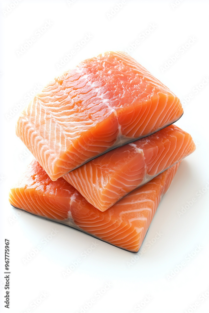 Three pieces of fresh salmon fillets stacked on a white background. Ideal for culinary designs, cooking blogs, or healthy meal promotions. Three pieces of fresh salmon fillets stacked on a white background. Ideal for culinary designs, cooking blogs, or healthy meal promotions.