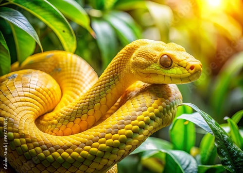 Bright yellow serpent with intricate patterns slithers through lush green vegetation, its vibrant scales glistening in photo