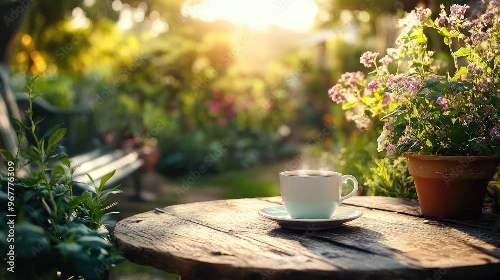 A peaceful garden retreat with a cup of herbal tea on a rustic table, offering a moment of relaxation. A peaceful garden retreat with a cup of herbal tea on a rustic table, offering a moment of relaxation.