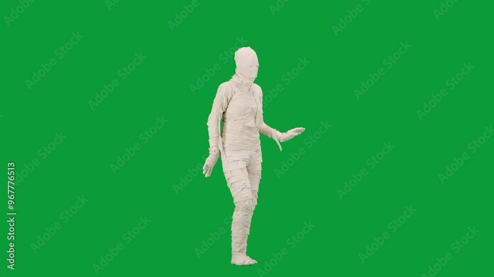 Portrait of person in a mummy bandage on chroma key green screen background. Mummy covered in white cloth ribbons bended and walking funnily.